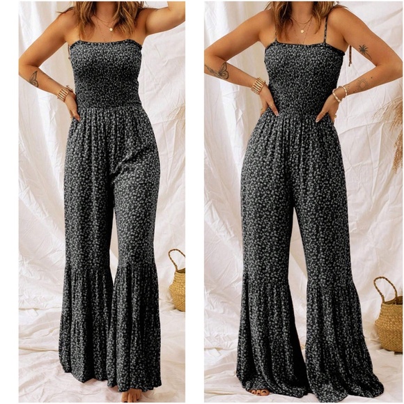 Pants - Boho Floral Print Shirred Bodice bell Bottom Cami Jumpsuit